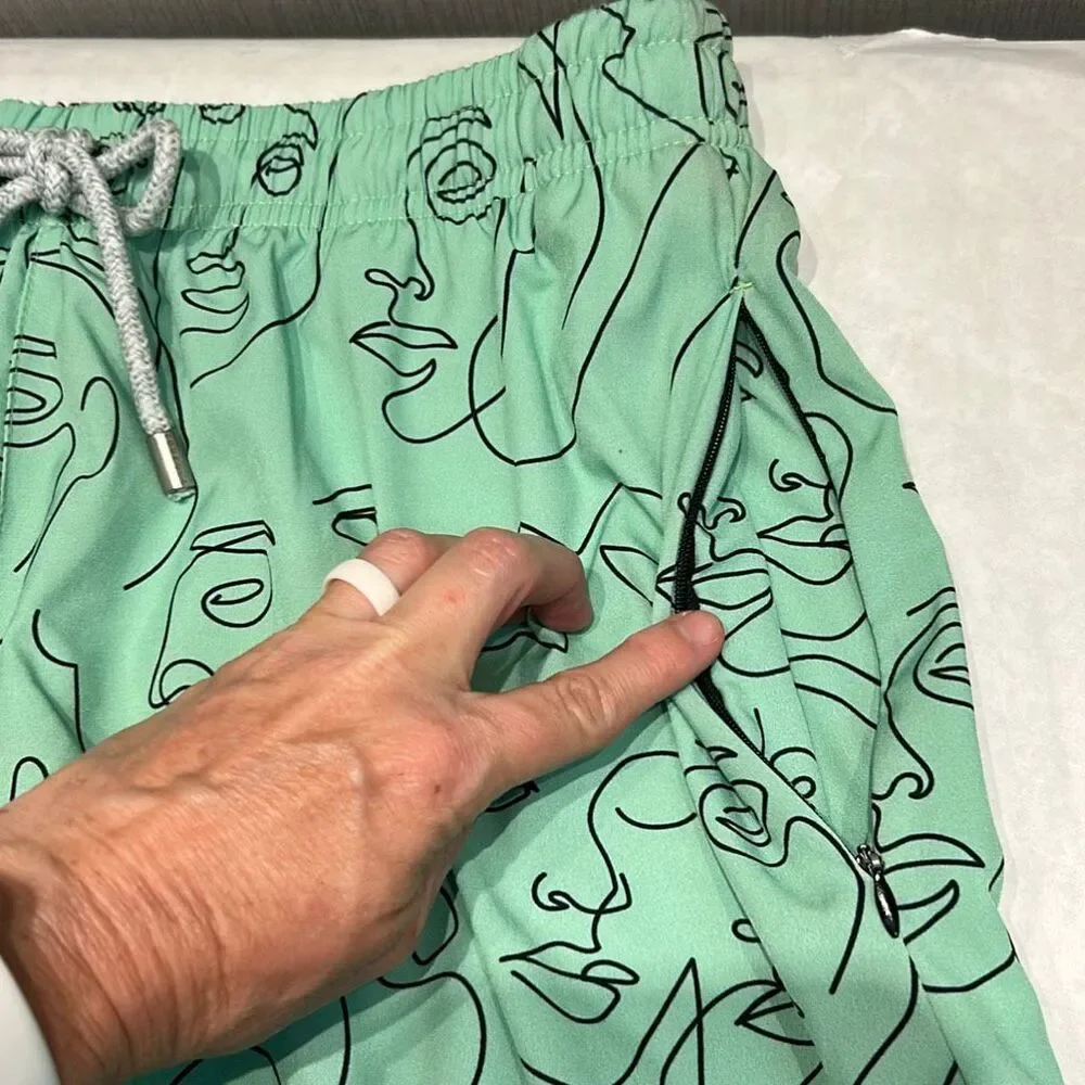 YoungLA Mint Green Abstract Face Line Art Swim Shorts Sz Large *NO MESH LINING*